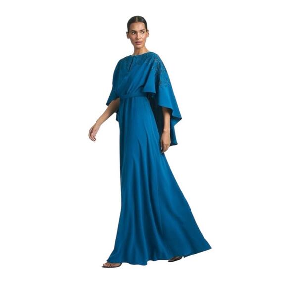 Sachin & Babi Size 8 NWT Moroccan Blue Crepe Embroidered Wren Cape Maxi Gown - Picture 2 of 11